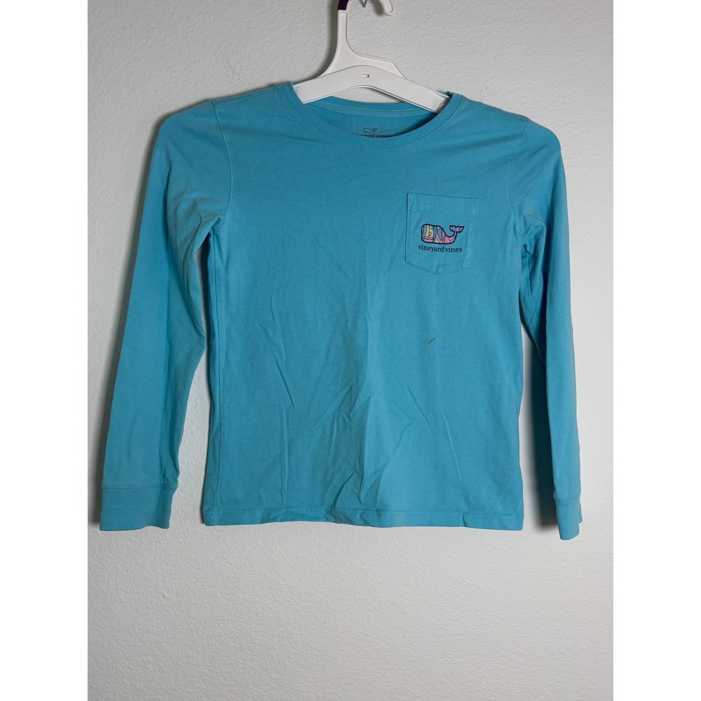 Vineyard Vines Boys Blue Whale Logo Long Sleeve Pocket T-Shirt‎ Size S 7-8
